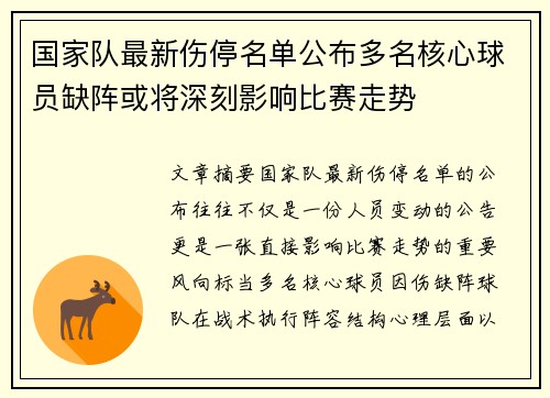 国家队最新伤停名单公布多名核心球员缺阵或将深刻影响比赛走势 国家队最新伤停名单公布多名核心球员缺阵或将深刻影响比赛走势